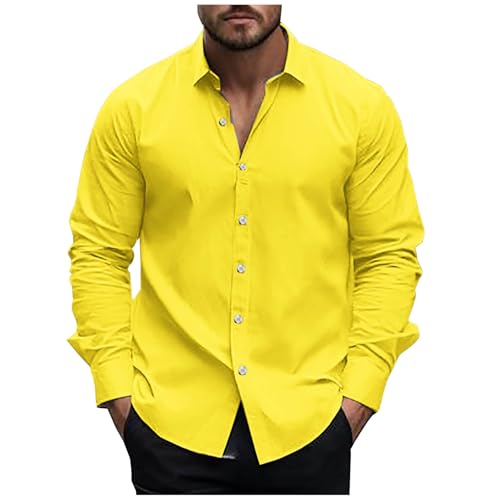 Dress Shirt Men Stylish Casual Lapel V Neck Long Sleeve Button Down Shirts Office Mens Business Work Tops and Blouses Yellow