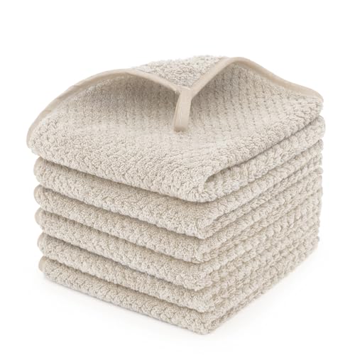 MaopaoBeauty 6 Piece Washcloth Set Set,100% Microfiber - Quick Dry, Thick, Soft, Plush and Highly Absorbent Luxury Hotel & Spa Bath Towel for Bathroom, Pack of 6, Khaki
