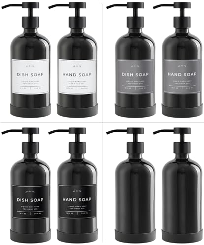 Image of Hand and Dish Soap Dispenser for Kitchen and Bathroom, Set of 2 16 Oz Glass Bottles, Stainless Steel Pumps, Non-Slip Silicone Base, 27 Waterproof Labels (Gloss Black Bottle /Black Pump)
