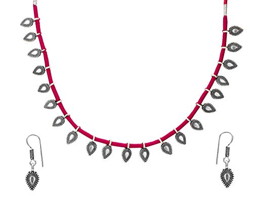 Image of Yellow Chimes Women and Girls Traditional Silver Oxidised Choker Jewellery Set - Black