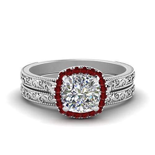 Image of Choose Your Gemstone Hand Engraved Halo Cushion Wedding Ring 925 Sterling Silver Cushion Shape Wedding Ring Sets Matching Jewelry Wedding Jewelry Easy to Wear Gifts US Size 4 to 12