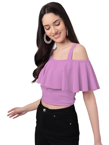 Image of Mehrang Women's Casual Solid Flared Crop Top Round Neck Stretchable Blend for Women /Top for Girls