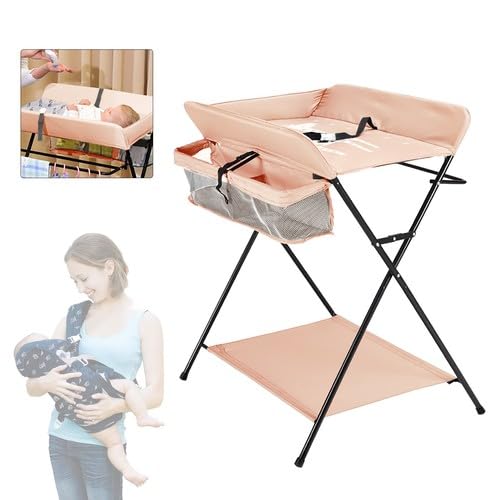 Cambiador plegable para bebé, cambiador con ruedas, cambiador móvil con cambiador, cinturón de seguridad y compartimentos de almacenamiento, resistente al agua y ajustable en altura, estable