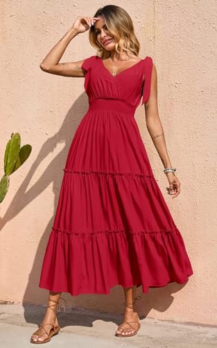 Image of PRETTYGARDEN Women's Cross Neck Summer Sleeveless Tiered Maxi Dress Beach Tie Strap Smocked Long Dresses Pleated Sundress