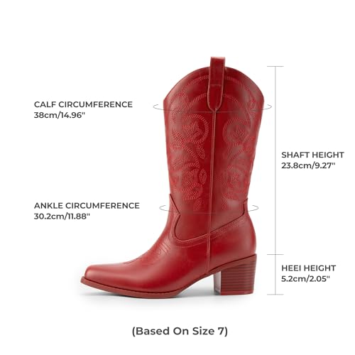 DREAM PAIRS Cowboy Boots for Women Cowgirl Western Boots Fashion Embroidery Stitched Chunky Heel Mid Calf Boots,Size 9.5,Red-Pu,DWUMMB2504