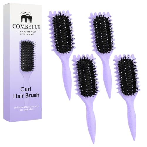Image of Combelle 5-in-1 Curl Hair Brush | Vegan Boar Bristles | Bio-Based PLA Handle | Detangling, Defining & Frizz Control for Curly & Wavy Hair | For Men & Women - Purple (Pack of 4)