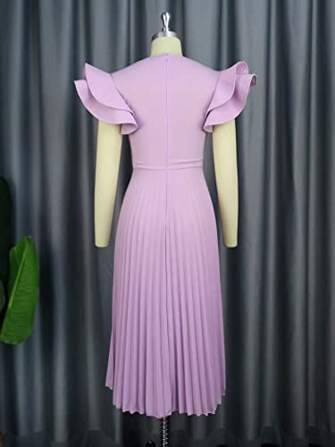 AOMEI Women's Light Purple Square Collar Ruffles Sleeve Pleated Elegant Midi Dress4
