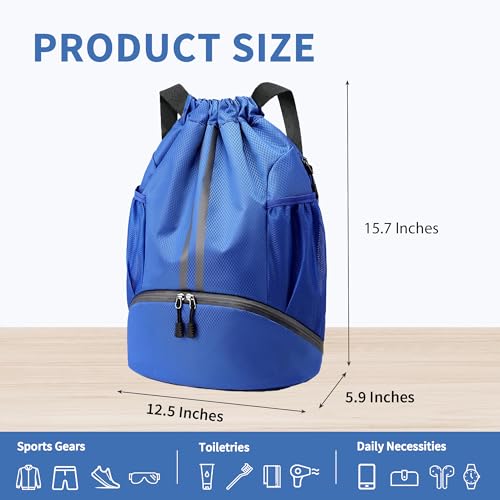Image of JELUTAR Drawstring Backpack Gym Bag with Shoes Compartment, Blue | Water-Resistant String Backpack for Soccer, Basketball, Swim, Beach Cinch for Women Men, 18 L Large Capacity, Wet Pocket