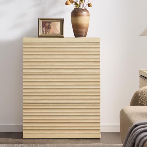 Image of SICOTAS Sideboard Buffet Cabinet with Storage, Modern Credenza Storage Cabinet with 3 Larger Drawers, Fluted Media Console Mid Century Coffee Bar Table for Dining Room, Hallway, Coastal Oak