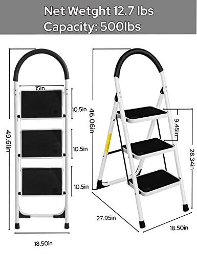 3 Step Ladder, Step Ladder 3 Step Folding, 3 Step Ladder Folding Step Stool For Adults Foldable,Convenient Handgrip, Lightweight, 500Lbs Portable Steel Step Stool #TOP2