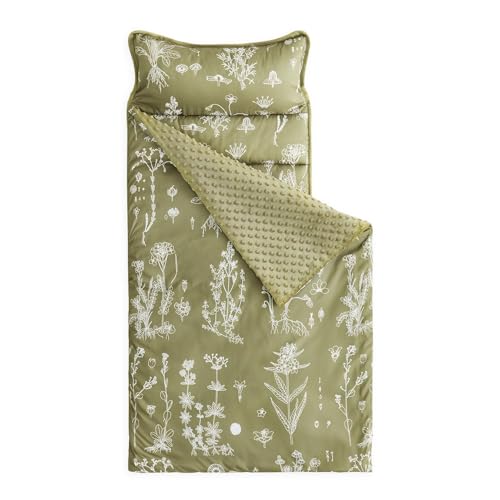 Wake In Cloud - Toddler Nap Mat with Pillow and Minky Fleece Blanket, for Kids Boys Girls in Daycare Preschool Kindergarten, Roll Up Sleeping Bag, Botanical Olive Green, Standard Size
