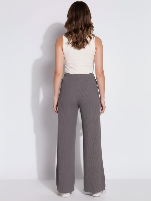 Image of DTR FASHION Women's Solid Lining Stretchable Cotton Blend Casual Wide Leg Trouser