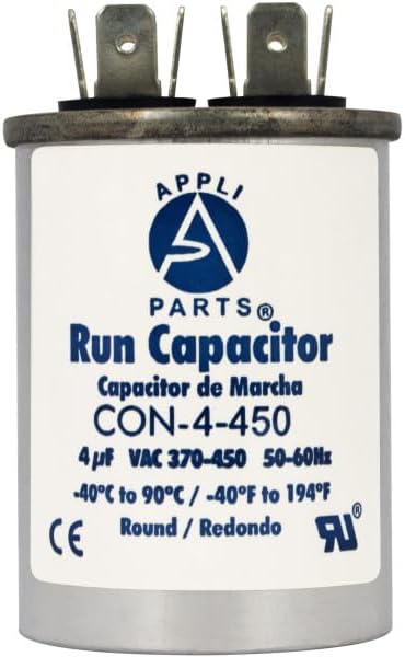 Appli Parts Capacitor Run Capacitor 4 Mfd uF (microfarads) 370VAC or 450VAC CBB65 Universal Air Conditioning and Other Applications Round UL E476928 2.5" High 1.5" Width CON-4-450