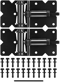 Heavy Duty Self Closing Gate Hinges Hardware Kit for Wooden Vinyl Fence 90 Degree Adjustable Gate Hinges Hardware Kit for Metal Gates with 22 Durable Screws and Swing Adjuster Tool, 2 Pack, Black