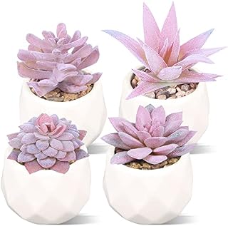Duscdesp Set of 4 Fake Plants Artificial Succulent Plants, Pink Faux Plants for Indoors, Artificial Plants Indoor Plastic Plants Desk Plant Pink Accessories for Bathroom Office Decor, Pink