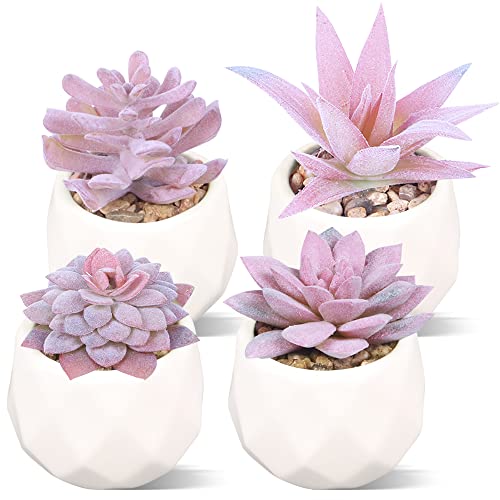 Duscdesp Set of 4 Mini Faux Succulents Plant with Pots,Small Succulent Fake Plants in Ceramic Pots, Artificial Plastic Plants Indoor for Office Kitchen Bedroom Bathroom Decoration (Pink) (EC-4875)