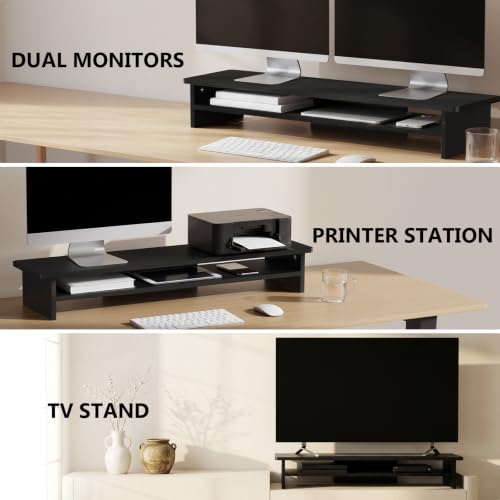 Image of WALI 42 inch Large Wood Dual Monitor Stand Riser with Storage, up to 88lbs | Multi-Purpose Computer Stands, 2 Tier Desktop Organizer Desk Shelf for Home Office PC, Laptop, Printer, TV (WTT001), Black