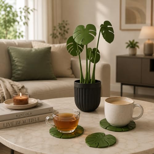 Image of SR Premium Monstera Leaf Coaster Set with Pot | Artificial Plants with Pot | Home decore | Multi-Purpose Heat Resistant Coasters & Table Trivets for Personal /Office /Home /Restaurant (2)