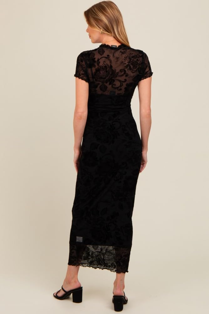 PinkBlush Floral Mesh Overlay Fitted Maternity Maxi Dress