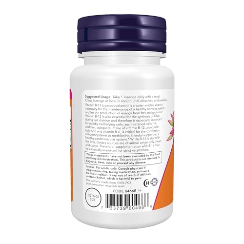 Image of NOW Supplements, Vitamin B-12 1,000 mcg with Folic Acid, Nervous System Health*, 100 Chewable Lozenges
