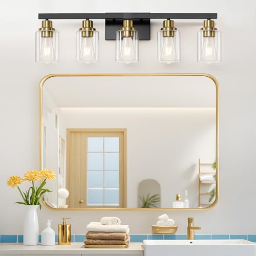 Image of 5-Light Black and Gold Bathroom Vanity Light, 30 inch Modern Vanity Lighting Fixture, Bathroom Light Fixtures, Wall Sconces with Clear Glass Shade, Black Bathroom Wall Light Over Mirror