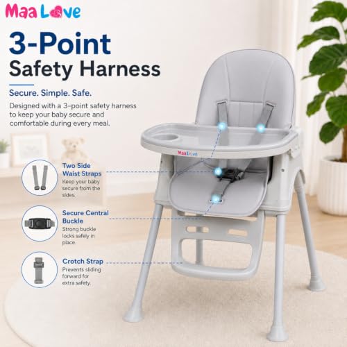Image of Maa Love 4-in-1 Baby High Chair for 0-5 Years, Adjustable Height Feeding Chair with Detachable Tray, One-Hand Fold, Multifunctional High Chair (Grey)