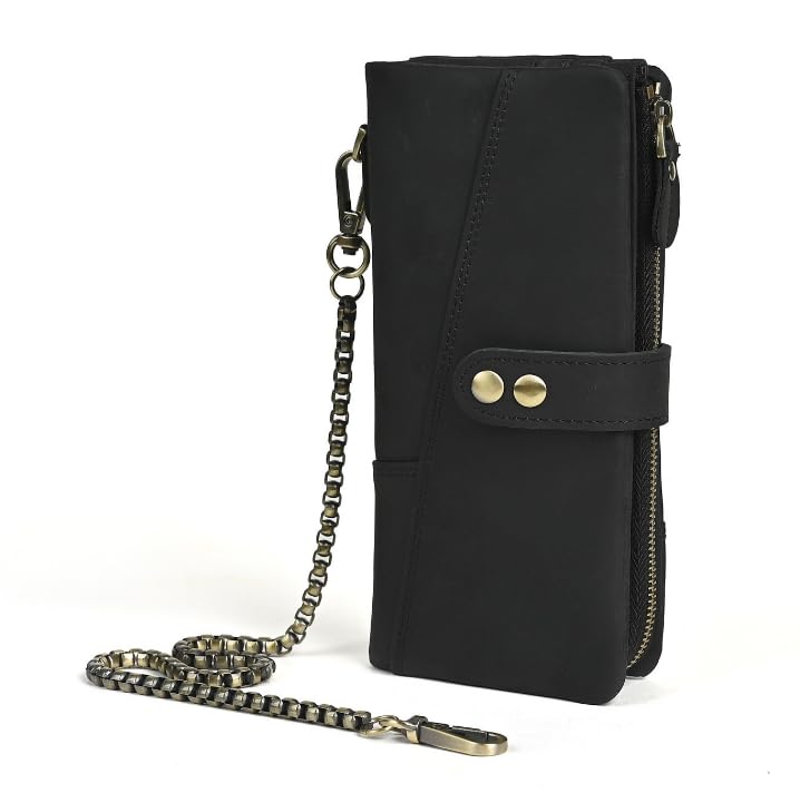 Retro Genuine Leather Travel Wallet for Men RFID Blocking with Security Chain Closure (Black)