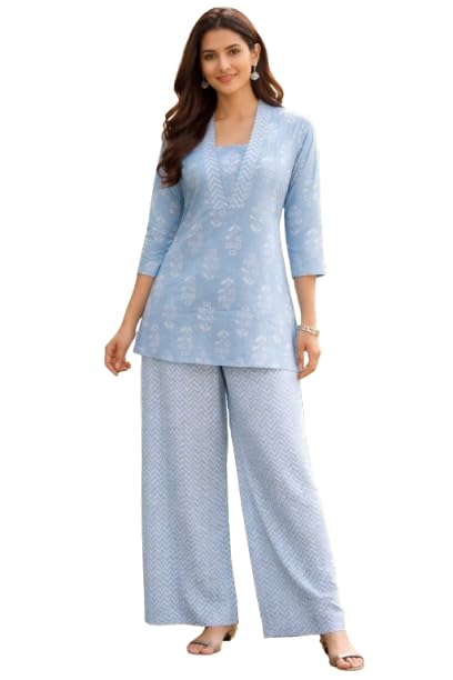 Women's Sky Blue Cotton Kurti Set with Printed Straight Kurta & Palazzo Pants, 3/4 Sleeves V-Neck Regular Fit Ethnic Co-Ord Set for Office Wear, Daily Casual, Summer Comfortable-picture-53