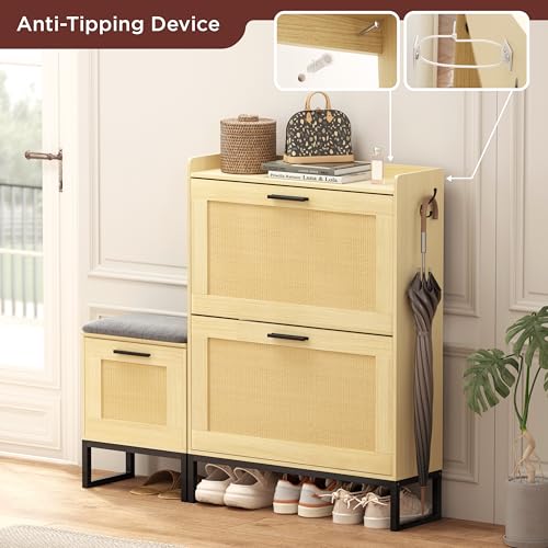 Image of Maupvit Shoe Cabinet Storage for Entryway with Bench, Rattan Narrow Shoe Cabinet with 2 Flip Drawers, Natural Oak Wooden Shoe Rack Slim Shoes Storage Organizer for Hallway, Entrance