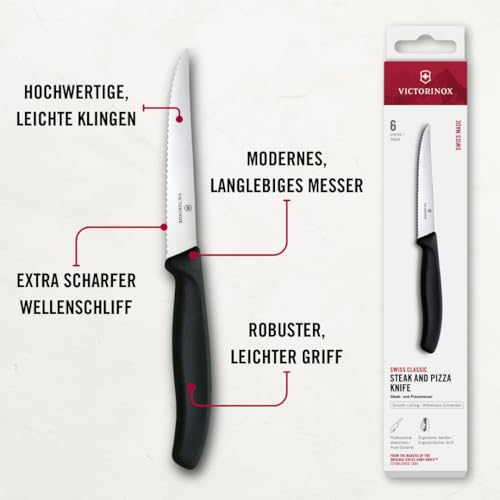 Foto von Victorinox Swiss Classic Profi Steak- und Pizzamesser-Set, 6-teilig, Tafelmesser, Wellenschliff, Scharfe Klingen, 11 cm, Robuste Kunststoffgriffe, Schwarz