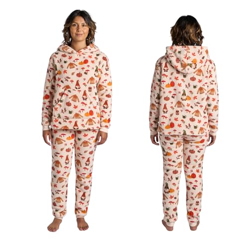OHS Pyjamas for Women Men Pumpkin Autumn Print Hallowen Pjs Long Sleeve Sherpa Fleece Hooded Ladies Pyjamas Two Piece Super Soft Warm Winter Loungewear Autumn Gifts for Women, Beige - Medium