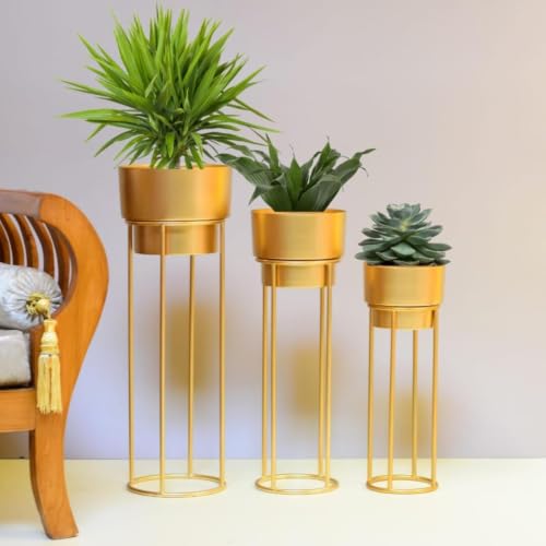 Image of ZM Handicrafts Metal Floor Planter Pot Stand with Gold Finish, Set of 3, Modern Style, for Living Room, Bedroom, Balcony, Office | Indoor /Outdoor Flower Pot Stand with Pots (Gold Pot)