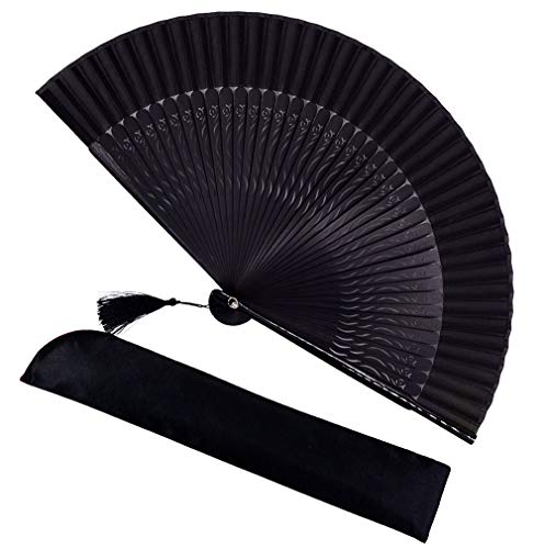 meifan Long Bamboo Leg Hand Fan Handmade Oriental Vintage Style Hand Held Folding Fans Silk Fan Craft Fan Dance Fan for Women Ladys Girls (Black-5)