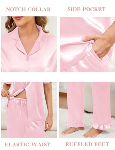 Image of SWOMOG Women Satin Pajamas Set Short Sleeve Top & Pants Sleepwear Silky Button Down Nightwear 2pcs Loungewear Pjs Set