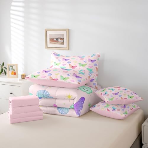 Image of Cartoon Butterflies 7 Pieces Bedding Set King Size,Cute Colorful Daisy Bed in a Bag,Flying Butterfly Bed Set Includes Comforter,Sheet Set,Pillowcases & Pillow Covers,Rainbow Gradient Bedroom Decor