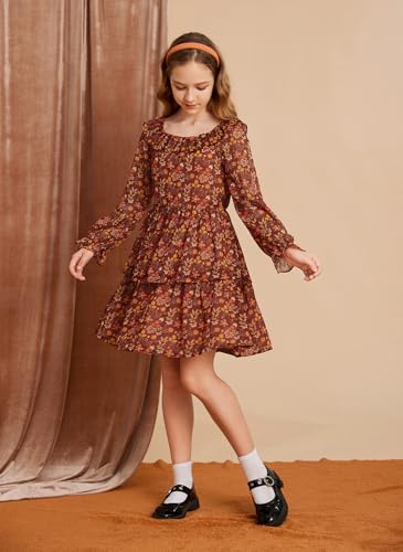 GRACE KARIN Girls Fall Dress Floral Long Sleeve Ruffle Square Neck Elastic Waist Tiered Layer Casual Dresses Size 5-12Y4