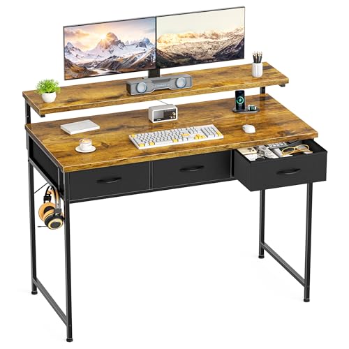 HOMIDEC Computer Desk with 3 Storage Drawers, Gaming Desk with Adjustable Monitor Stand and Headphone Hook, Home Table, Office Desk, Modern Style, for Workers, Gamers and Students, Vintage, 100cm