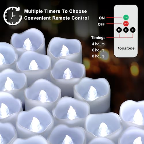 Image of Topstone Flameless Electronic Candle Lights with Remote Control, 400 Hour Battery Life, Cold White LED Realistic Flickering Candles for Home Decor, Wedding, Christmas, Votive, Jar, Centerpiece