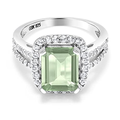 Gem Stone King 925 Sterling Silver Green Prasiolite Women Engagement Ring (3.52 Ct Emerald Cut 10X8MM, Gemstone Birthstone, Available in size 5, 6, 7, 8, 9)2