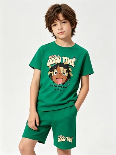 Image of Size 6-12 Years Boys Summer Outfits Set Kids Short Sleeve Top T-Shirt & Shorts Color Block Clothing Sets