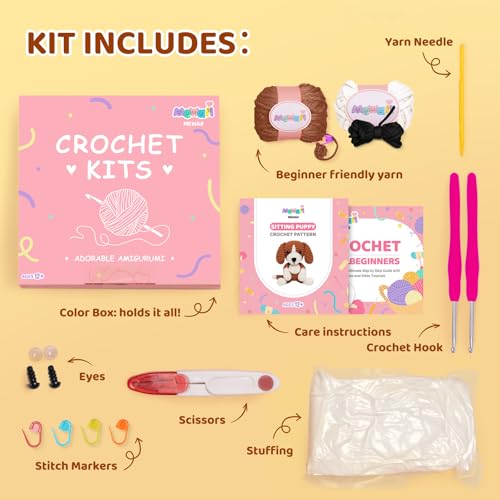 Image of Mewaii Crochet Kit for Beginners Level 2 with 40% Extra Eco-Friendly Pre-Started Easy Yarn, Step-by-Step Video Tutorials for Adults and Kids (Sitting Puppy)