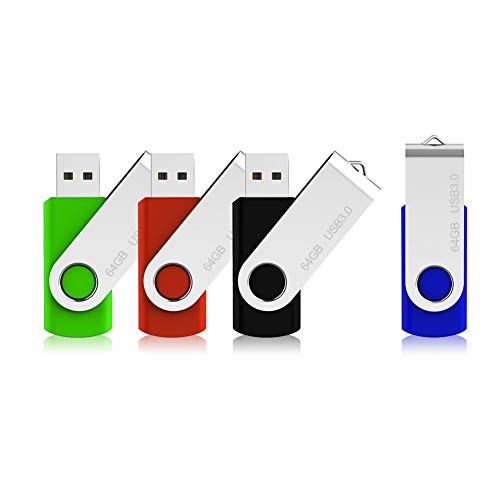 USB Flash Drive 64GB 4 Pack USB 3.0 Thumb Drive, JUANWE Jump Drive Storage Memory Stick Swivel Design (Blue,Green,Red,Black)
