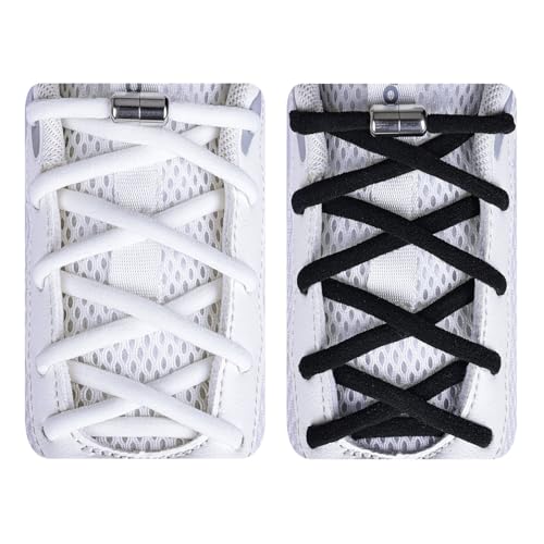 Olukssck Cordones Elásticos Sin Nudo con Hebilla Metal, 2 Pares 105cm Elásticos Cordones para Niños y Adultos, No es Necesario Atar Cordones de Zapatos, Negro+Blanco