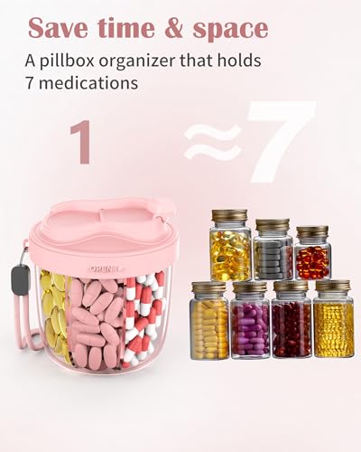 Image of Pill Organizer with 7 Compartments, Pill Box Case for Holding 7 Different Vitamins, Anti-Mix Design for Easy Medication Retrieval. Travel Pill Organizer with 20 Labels. Cute Pill Dispenser Light Pink