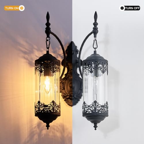 Image of Rustic Glass Wall Sconce Vintage Antique Gothic Wall Light Fixture Retro Farmhouse Mid Centry Lantern Wall Sconce for Bedroom, Living Room, Mirror, Black