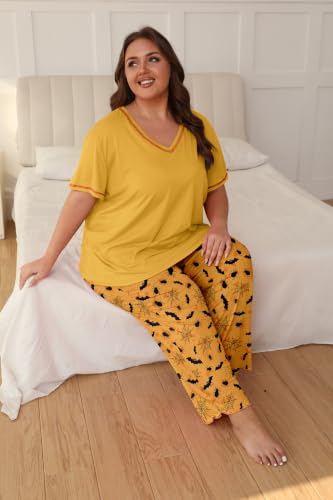Image of Vozanet Women's Plus Size Pajama Sets Short Sleeve Long Pants Solid Color with Piping Trim Elegant Loungewear Cozy Sleepwear