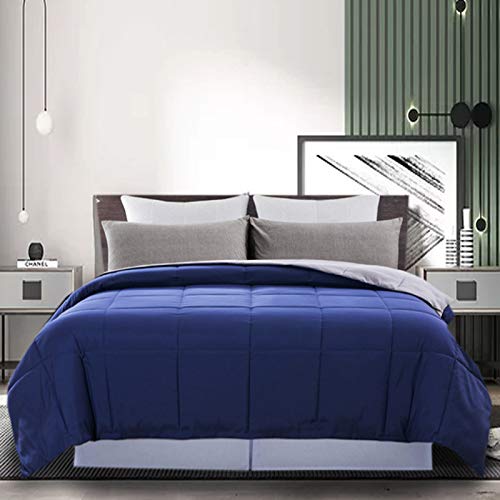 DOWNCOOL Reversible Down Alternative Comforter- All Season Ultra Soft Duvet Insert 4 Loops-Box Stitched- Machine Washable-Blue/Grey-Queen