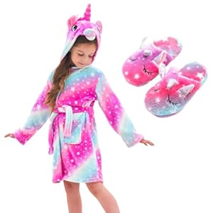 FZOSM Girls Unicorn Dressing Gown Soft Hooded Robe Sleepwear with Unicorn Slippers – Gifts for Girls
