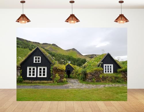 8x8ft Icelandic Turf Houses Backdrop Rolling Green Hills Wildflower Meadows Photography Background for Nordic Heritage Shoots Decorations Banner Photo Studio Props