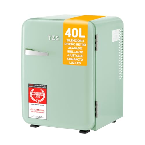 TZS First Austria - Mini Frigorífico Retro 40L silencioso - Pequeño Minifrigo diseño vintage con luz interior y 2 compartimentos de puerta - Minibar para camping, oficina, dormitorio y hotel - menta